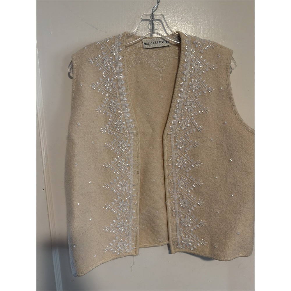 Vtg Marisa Christina Heavily Beaded Boiled Wool Sweater Vest Zip Women's L